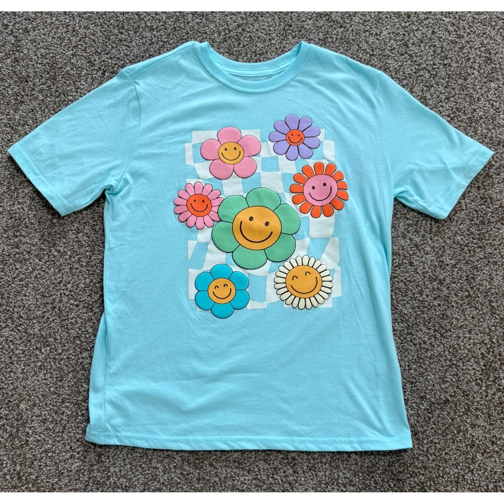 Floral and Check Youth XL T-Shirt Smiley Faces Flowers Light Blue X-Large